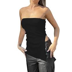 CGGMVCG Tanktops für Damen, trendig, trägerlos, gestrickt, Bandeau-Schlauch-Top, asymmetrischer Schlitzsaum, ärmellose Blusen für Damen, Schwarz, Klein von CGGMVCG