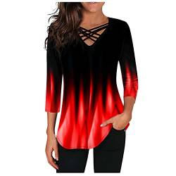 CGGMVCG Trendige Oberteile für Damen 3/4 Ärmel Criss Cross V-Ausschnitt Ombre Lose Blusen Tops Sommer Shirts für Frauen, Rot, XXXXX-Large von CGGMVCG