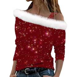 CGGMVCG Weihnachts-Shirts für Damen, Weinglas, bedruckt, langärmelig, schulterfrei, sexy Weihnachtsbluse, Tops, Z05-Wein, Groß von CGGMVCG