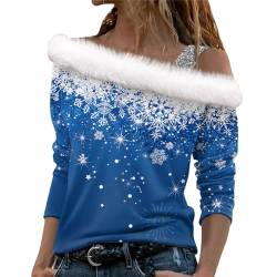 CGGMVCG Weihnachts-Shirts für Damen, Weinglas, bedruckt, langärmelig, schulterfrei, sexy Weihnachtsbluse, Tops, Z06 Himmelblau, L von CGGMVCG