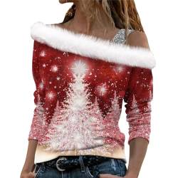 CGGMVCG Weihnachts-Shirts für Damen, Weinglas, bedruckt, langärmelig, schulterfrei, sexy Weihnachtsbluse, Tops, Z06 Weiß, Mittel von CGGMVCG