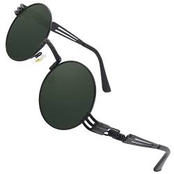 CGID Retro Sonnenbrille im Steampunk Stil, runder Metallrahmen, polarisiert, für Frauen und Männer, E72, B9 Schwarz Grün, Einheitsgröße von CGID