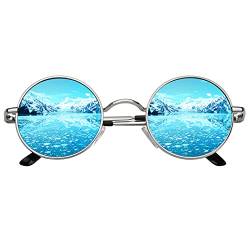 CGID Retro Vintage Sonnenbrille, inspiriert von John Lennon, polarisiert mit rundem Metallrahmen, für Frauen und Männer E01, B 47mm Silber Blau, 47 von CGID