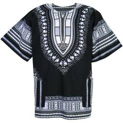 CHAINUPON Afrikanisches Dashiki-Baumwollhemd für Herren und Damen, Festival, Boho, Hippie, 60er, 70er Jahre, Bohemian-Stil, Schwarz Weiß, L von CHAINUPON