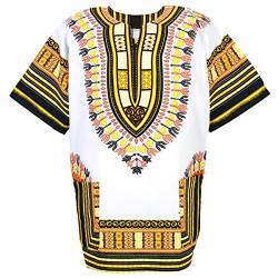 Chainupon African Dashiki Baumwollhemd Unisex Tribal Festival Boho Hippie Kaftan (Medium, White Yellow) von CHAINUPON