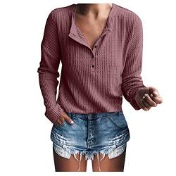 CHAOEN Bluse Damen Langarmshirt V-Ausschnitte Basic Shirts Oberteile Herbst Langarm Waffel Strick Elegante Sweatshirt Sportshirt Henley Shirt Pullover von CHAOEN