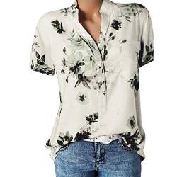 CHAOEN Bluse Damen V-Ausschnitt Kurzarm Hemdbluse Oversize Lässige Loose Sommer Tunika Shirt Oberteile Mode Blumen Drucken Arbeithemd Damenbluse mit Knöpfen von CHAOEN