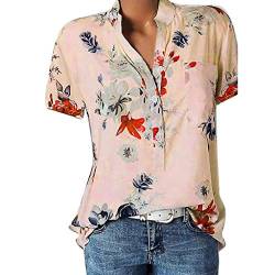 CHAOEN Bluse Damen V-Ausschnitt Kurzarm Hemdbluse Oversize Lässige Loose Sommer Tunika Shirt Oberteile Mode Blumen Drucken Arbeithemd Damenbluse mit Knöpfen von CHAOEN