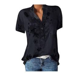 CHAOEN Bluse Damen V-Ausschnitt Kurzarm Hemdbluse Oversize Lässige Loose Sommer Tunika Shirt Oberteile Mode Blumen Drucken Arbeithemd Damenbluse mit Knöpfen von CHAOEN