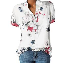 CHAOEN Bluse Damen V-Ausschnitt Kurzarm Hemdbluse Oversize Lässige Loose Sommer Tunika Shirt Oberteile Mode Blumen Drucken Arbeithemd Damenbluse mit Knöpfen von CHAOEN