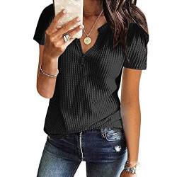 CHAOEN Damen Bluse Kurzarm Oberteile Tshirt V-Ausschnitte Sommershirts Mode Lose Damenblusen Shirt Waffel Strick Elegante Hemdbluse T-Shirt von CHAOEN