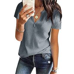 CHAOEN Damen Bluse Kurzarm Oberteile Tshirt V-Ausschnitte Sommershirts Mode Lose Damenblusen Shirt Waffel Strick Elegante Hemdbluse T-Shirt von CHAOEN