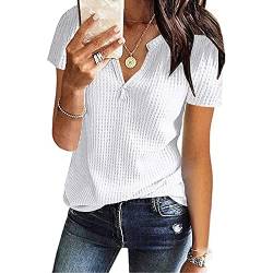 CHAOEN Damen Bluse Kurzarm Oberteile Tshirt V-Ausschnitte Sommershirts Mode Lose Damenblusen Shirt Waffel Strick Elegante Hemdbluse T-Shirt von CHAOEN