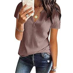 CHAOEN Damen Bluse Kurzarm Oberteile Tshirt V-Ausschnitte Sommershirts Mode Lose Damenblusen Shirt Waffel Strick Elegante Hemdbluse T-Shirt von CHAOEN