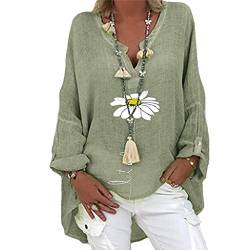 CHAOEN Damen Oversize Leinenbluse Oberteile Blumen Motiv Shirt V-Ausschnitt Longshirt Tunika Locker Lang Bluse Leinen Tops von CHAOEN