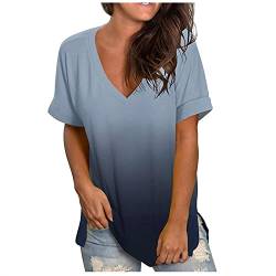 CHAOEN Kurzarm Shirt Damen Oversize T-Shirt Oberteile V-Ausschnitt Tunika Sommer Bequemer Lockere Longshirt Blusen Freizeit Gradient Top von CHAOEN