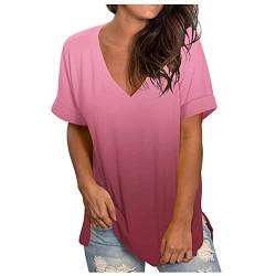 CHAOEN Kurzarm Shirt Damen Oversize T-Shirt Oberteile V-Ausschnitt Tunika Sommer Bequemer Lockere Longshirt Blusen Freizeit Gradient Top von CHAOEN