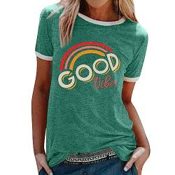 CHAOEN T-Shirt Damen Sommer Kurzarm Rundhals Vintage Drucken Tunika Tshirt Good Vibes Regenbogen Brief Gedruckt Lässig Lose Tee Shirts Oberteile Tops Pullover von CHAOEN