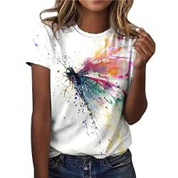 T-Shirt Damen Sommer Kurzarm Rundhals Mode Motiv Oberteil Tops Elegant Katzen Mond und Sterne Feder Herz Muster Tee Shirts Casual Loose Tunika Tshirt Sommershirt von CHAOEN