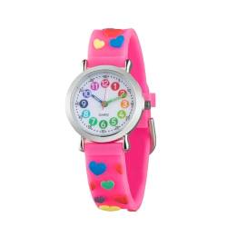 CHAOTECHY Kinder Armbanduhr für Mädchen und Jungen,gut lesbar, um ganz leicht zu Lernen, die Uhr zu lesen (Rosa Herz) von CHAOTECHY