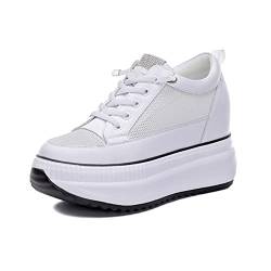 CHAOYI Sommerschuhe Damen Echtleder Schuhe Flache Plateau Mode Sneakers Höhe Erhöhung 8 cm Damen Weiß Schuhe - Weiß, 4 von CHAOYI