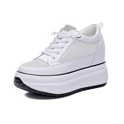 CHAOYI Sommerschuhe Damen Echtleder Schuhe Flache Plateau Mode Sneakers Höhensteigend 8 cm Damen Weiß Schuhe - Weiß, 4,5 von CHAOYI