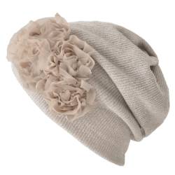 CHARM Damen 3 in 1 Multifunktionstuch - Beanie Mütze Stirnband Halstuch Loop Schal mit Blumenapplikation Sommer Winter Beige von CHARM