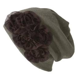 CHARM Damen 3 in 1 Multifunktionstuch - Beanie Mütze Stirnband Halstuch Loop Schal mit Blumenapplikation Sommer Winter Braun von CHARM