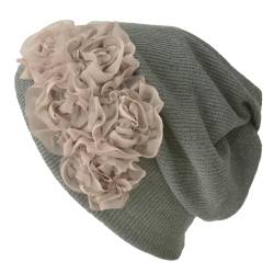 CHARM Damen 3 in 1 Multifunktionstuch - Beanie Mütze Stirnband Halstuch Loop Schal mit Blumenapplikation Sommer Winter Khaki von CHARM