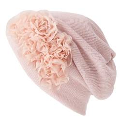 CHARM Damen 3 in 1 Multifunktionstuch - Beanie Mütze Stirnband Halstuch Loop Schal mit Blumenapplikation Sommer Winter Rosa von CHARM