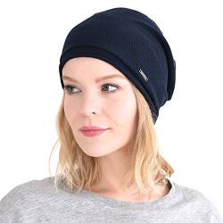 CHARM Seide Slouch Beanie Strickmütze - Groß Chemo Kopfbedeckung Locken Haare Navy von CHARM