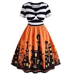 CHARMMA Damen-Halloween-Kleid in Übergröße, lustiger Kürbis, gruselige Fledermaus, Mondschloss, Halloween-Kostüm, Vintage-A-Linie, gestreifte Flare-Kleider für Frauen (Orange, 4XL) von CHARMMA