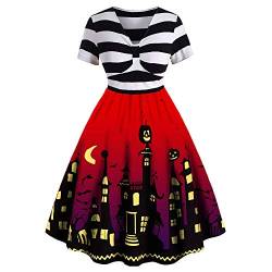 CHARMMA Damen-Halloween-Kleid in Übergröße, lustiger Kürbis, gruselige Fledermaus, Mondschloss, Halloween-Kostüm, Vintage-A-Linie, gestreifte Flare-Kleider für Frauen (Rot, 2XL) von CHARMMA