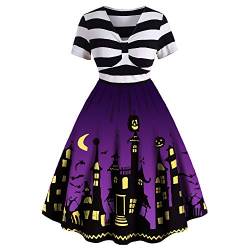 CHARMMA Damen-Halloween-Kleid in Übergröße, lustiger Kürbis, gruselige Fledermaus, Mondschloss, Halloween-Kostüm, Vintage-A-Linie, gestreifte Flare-Kleider für Frauen (Violett, 2XL) von CHARMMA