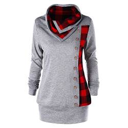 CHARMMA Damen Pullover, Übergröße Sweatshirt Plaid Cowl Neck Knopf Verschönert Tunika Oberteil (Grau-Rot, XXXXXL) von CHARMMA