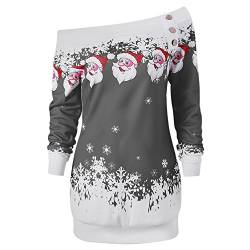 CHARMMA Damen Weihnachten Pullover Langarmshirt Santa Claus und Schnee Druck Sweatshirt (Grau, 2XL) von CHARMMA