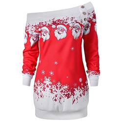 CHARMMA Damen Weihnachten Pullover Langarmshirt Santa Claus und Schnee Druck Sweatshirt (Rot, 2XL) von CHARMMA