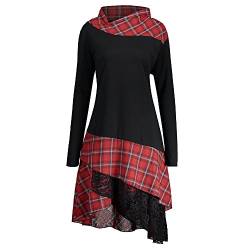 CHARMMA Frauen Übergröße Mock Neck Top Asymmetrisch Spitzen Bluse Langarm Kleid (XL, Schwarz+Rot) von CHARMMA
