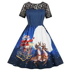 Damen Weihnachten Kleid, Vintage Kurzarm Spitze Schneemann Druck A-Linie Weihnachtskleid (Blau-A, XL) von CHARMMA