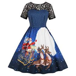 Damen Weihnachten Kleid, Vintage Kurzarm Spitze Schneemann Druck A-Linie Weihnachtskleid (Blau-A, XXL) von CHARMMA