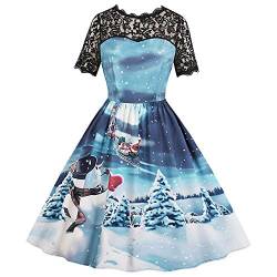 Damen Weihnachten Kleid, Vintage Kurzarm Spitze Schneemann Druck A-Linie Weihnachtskleid (Blau-B, S) von CHARMMA