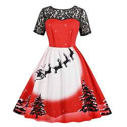 Damen Weihnachten Kleid, Vintage Kurzarm Spitze Schneemann Druck A-Linie Weihnachtskleid (Rot-B, M) von CHARMMA
