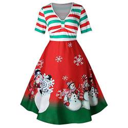 Übergroßes Weihnachten-Kleid mit Vintage Gedruckt, A-Linie Gestreiftes Flare Kleid, Festliches Kostüm für Weihnachten Damen Rot-A XL von CHARMMA