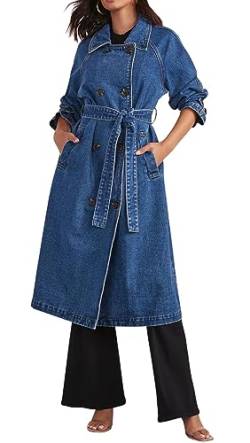 CHARTOU Damen Casual Zweireiher Lange Denim Trenchcoat Jean Jacke Trenchcoat mit Gürtel Duster Coat, Blau, M von CHARTOU