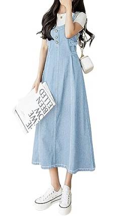 CHARTOU Damen Elegant Träger Zurück Gesmokt A-Linie Langer Rock Denim Overall Trägerkleid, Hell, blau, X-Groß von CHARTOU