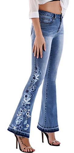 CHARTOU Damen-Jeans, schicke Blumenstickerei, hohe Taille, ausgestellt, breite Füße, lange Denim-Hose, Blau5, M von CHARTOU