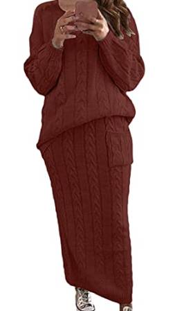 CHARTOU Damen Winter Grobstrick Langer Rock 2 Stück Outfit Pullover Sets, Weinrot, L von CHARTOU