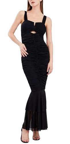 CHARTOU Damen ärmelloses Maxikleid mit Riemen, Abschlussball, Party, Abend, gerüscht, figurbetont, Meerjungfrauenschwanz, Schwarz, Groß von CHARTOU