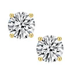 CHASKI Moissanite Ohrstecker 925 Silber Ohrringe, 4 Karat echter runde Moissanit Diamant, 14K Gelbgold vergoldet Schmuck Geschenk für Damen Mädchen 8 mm von CHASKI