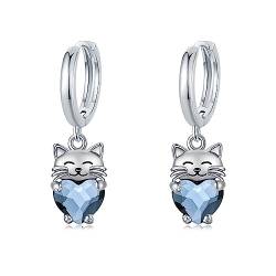 Katze Ohrringe für Mädchen 925 Sterling Silber Katze Tropfen Hängend Creolen Ohrringe mit Blauem Kristall Hypoallergene Katze Geschenke Schmuck für Frauen von CHENGHONG